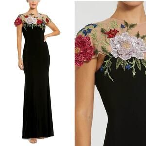 evening dresses brighton Mac Duggal - Green Embroidered Wrap Over Puff Sleeve Trumpet Gown